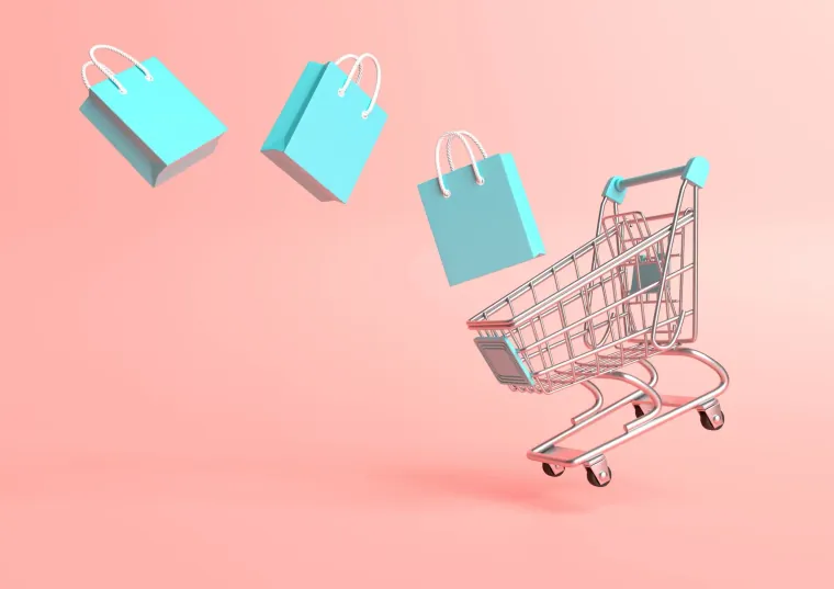 Flying shopping cart with shopping bags on a pink background - Bright Plugins Verkäufe, niedrigere Preise