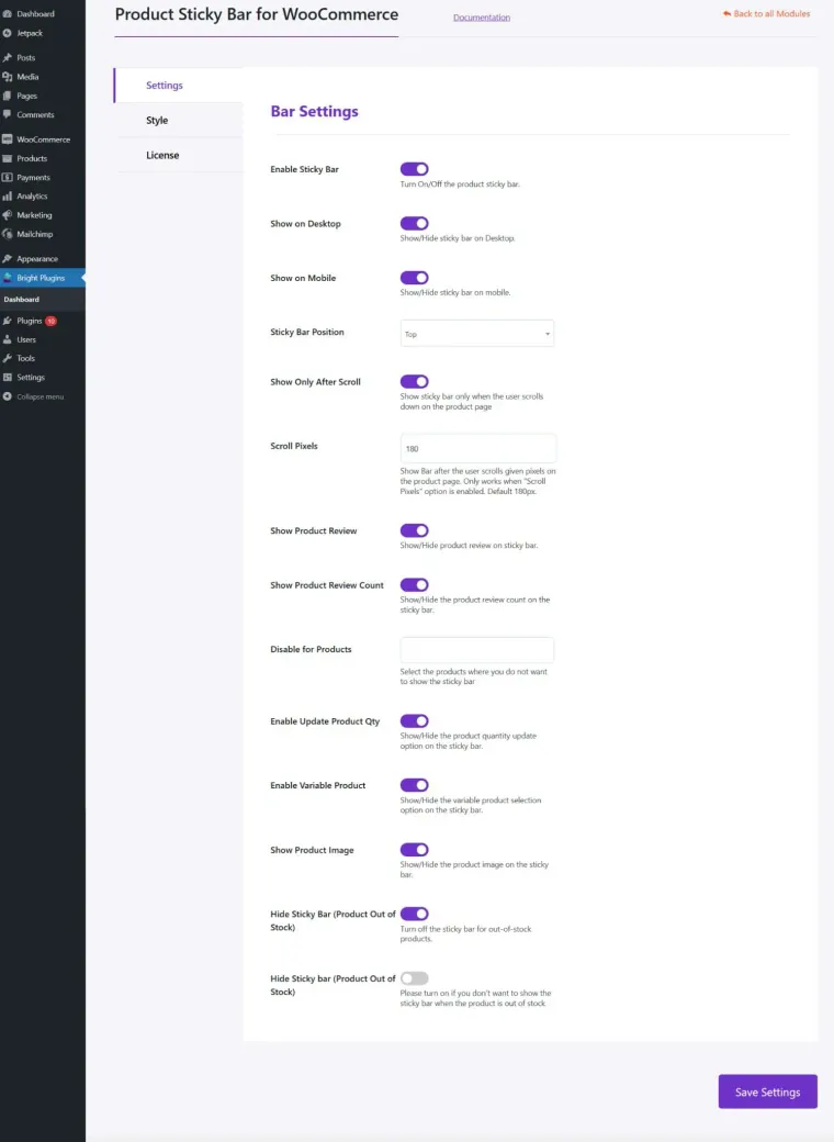 Personalización del complemento Sticky Bar