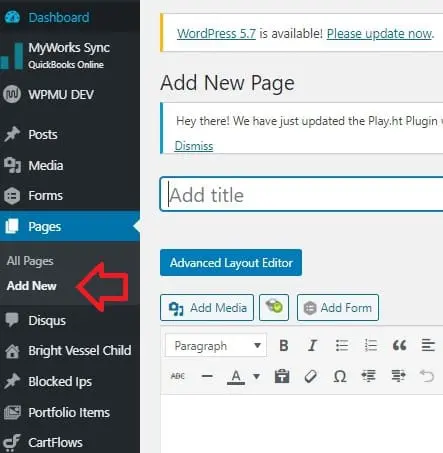 adăugare pagină nouă WordPress