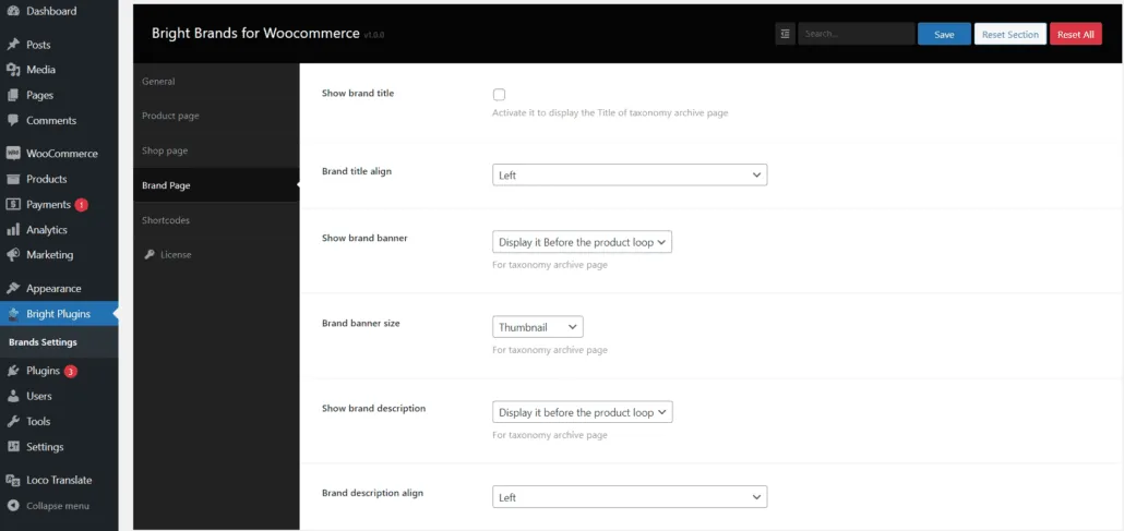 Marques lumineuses pour Woocommerce: Brand page