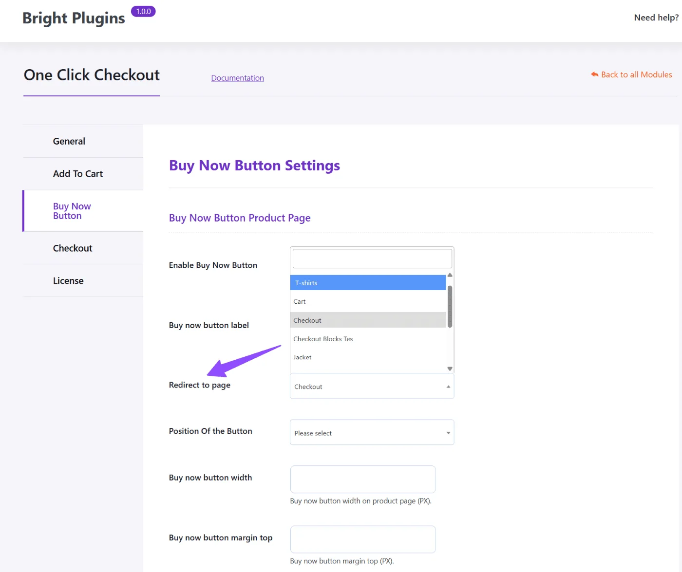 One Click Checkout: Select redirect to page