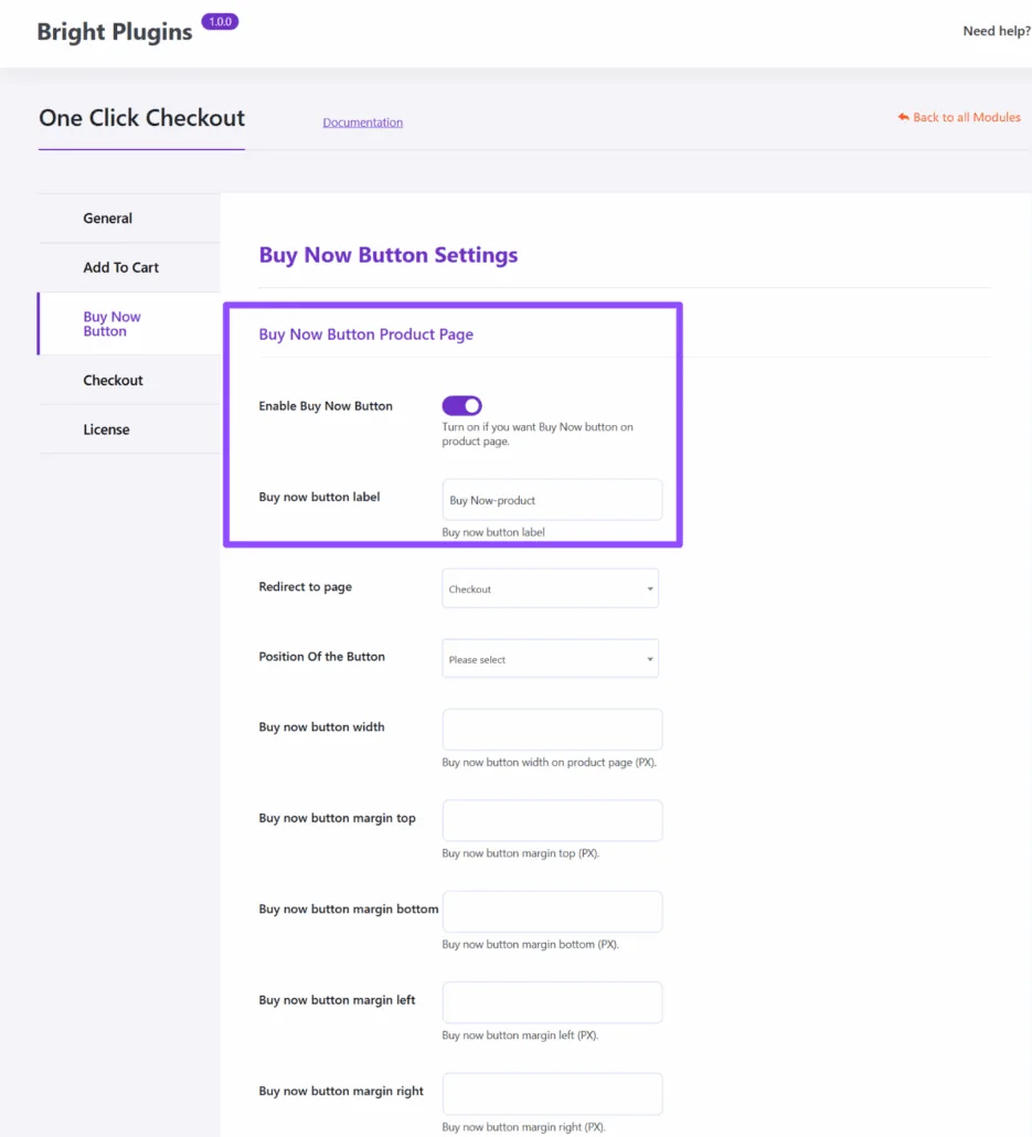 One Click Checkout: Configuration buy now button