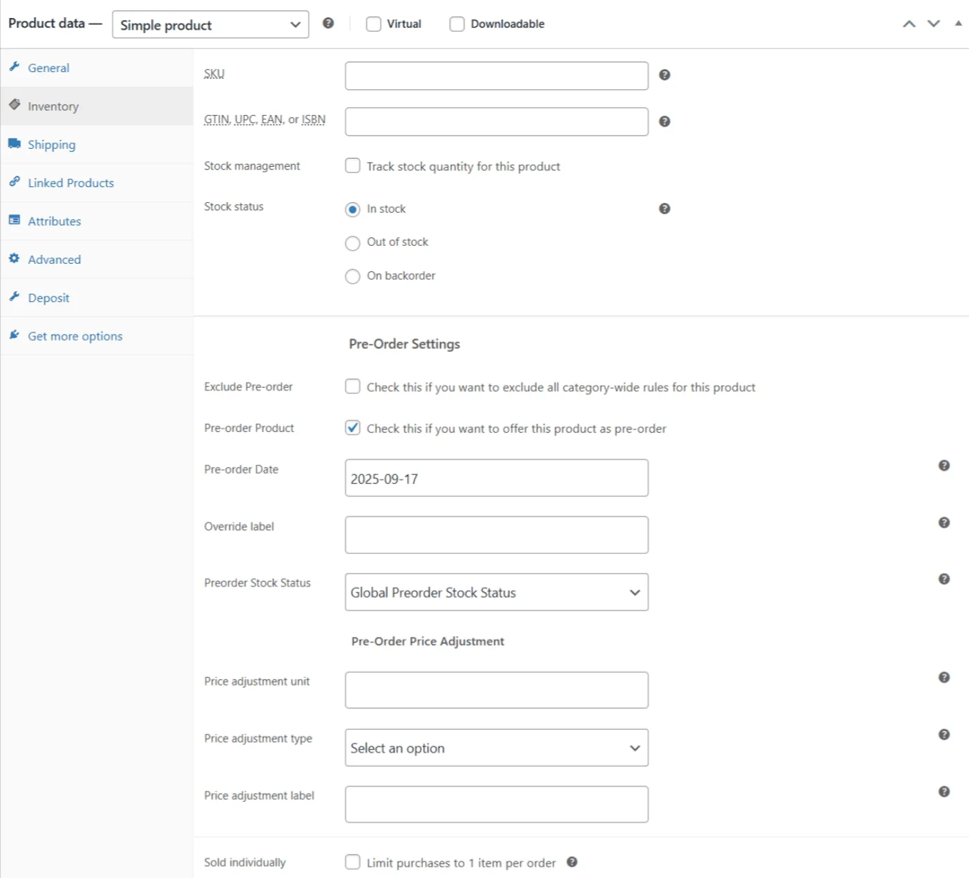 Membresía del club: Configuration Basic preorder simple