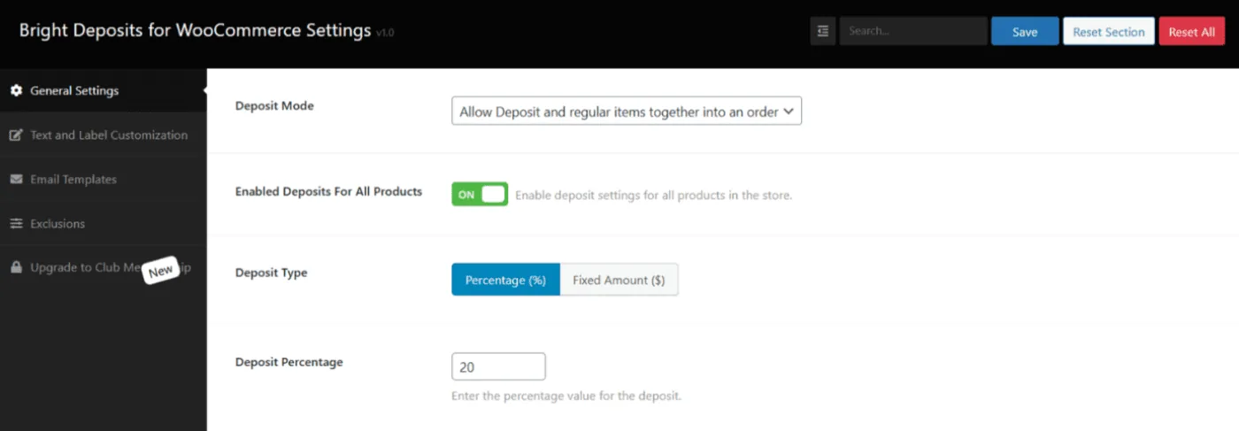 Membresía del club: Deposits settings porcentage