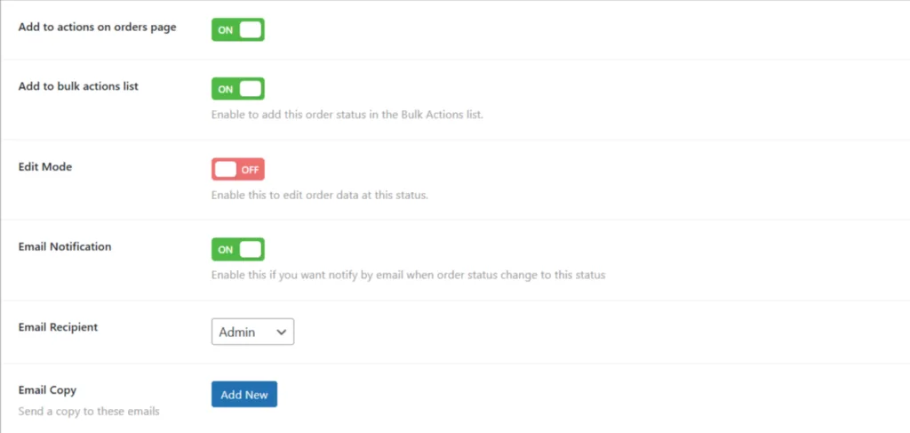 Custom Order Status Manager: Actions Bulk and Notify via email toggles enabled 1024x487.