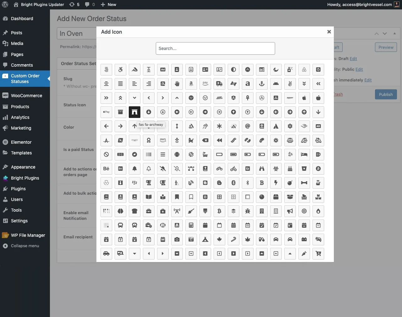 Custom order status settings: step 4 3 cosm icon popup