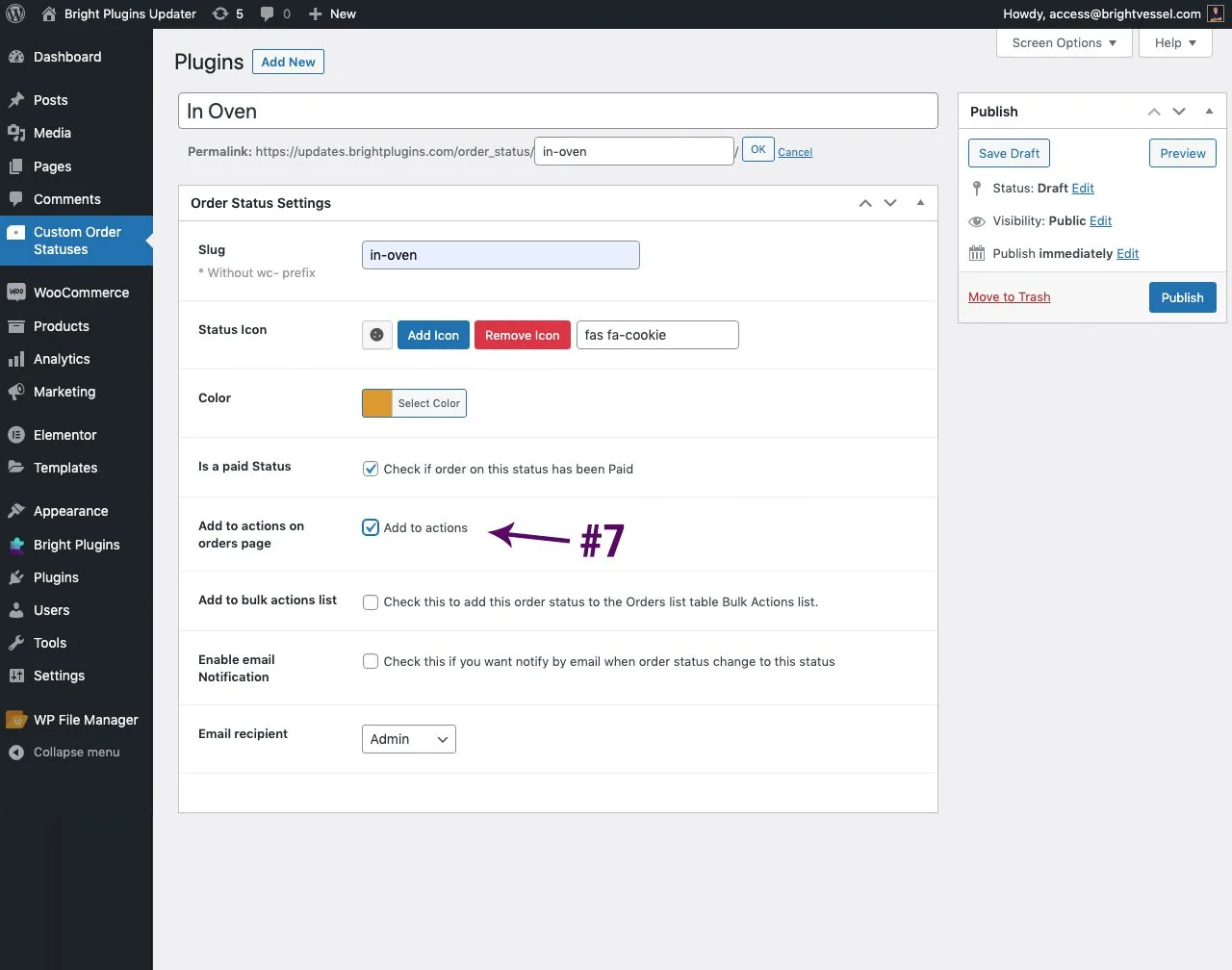 Custom order status settings: step 4 7 cosm actions