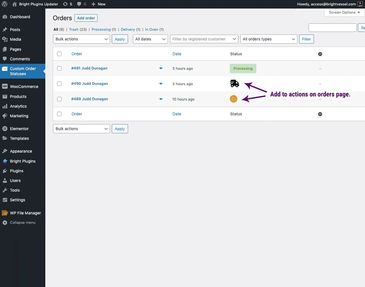 Custom order status settings: step 4 7 cosm actions view