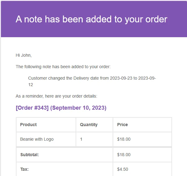 Lieferung und Abholung von Bestellungen: customer delivery change notification.