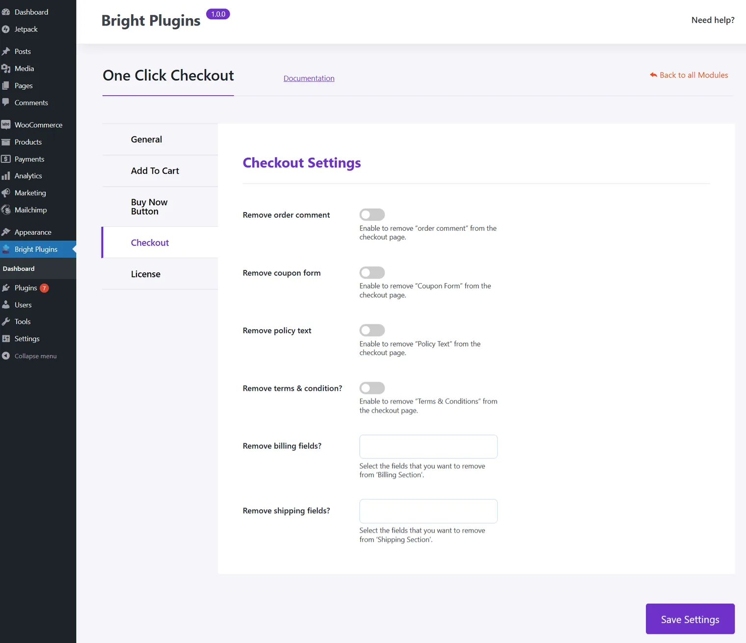 One Click Checkout: Checkout settings option