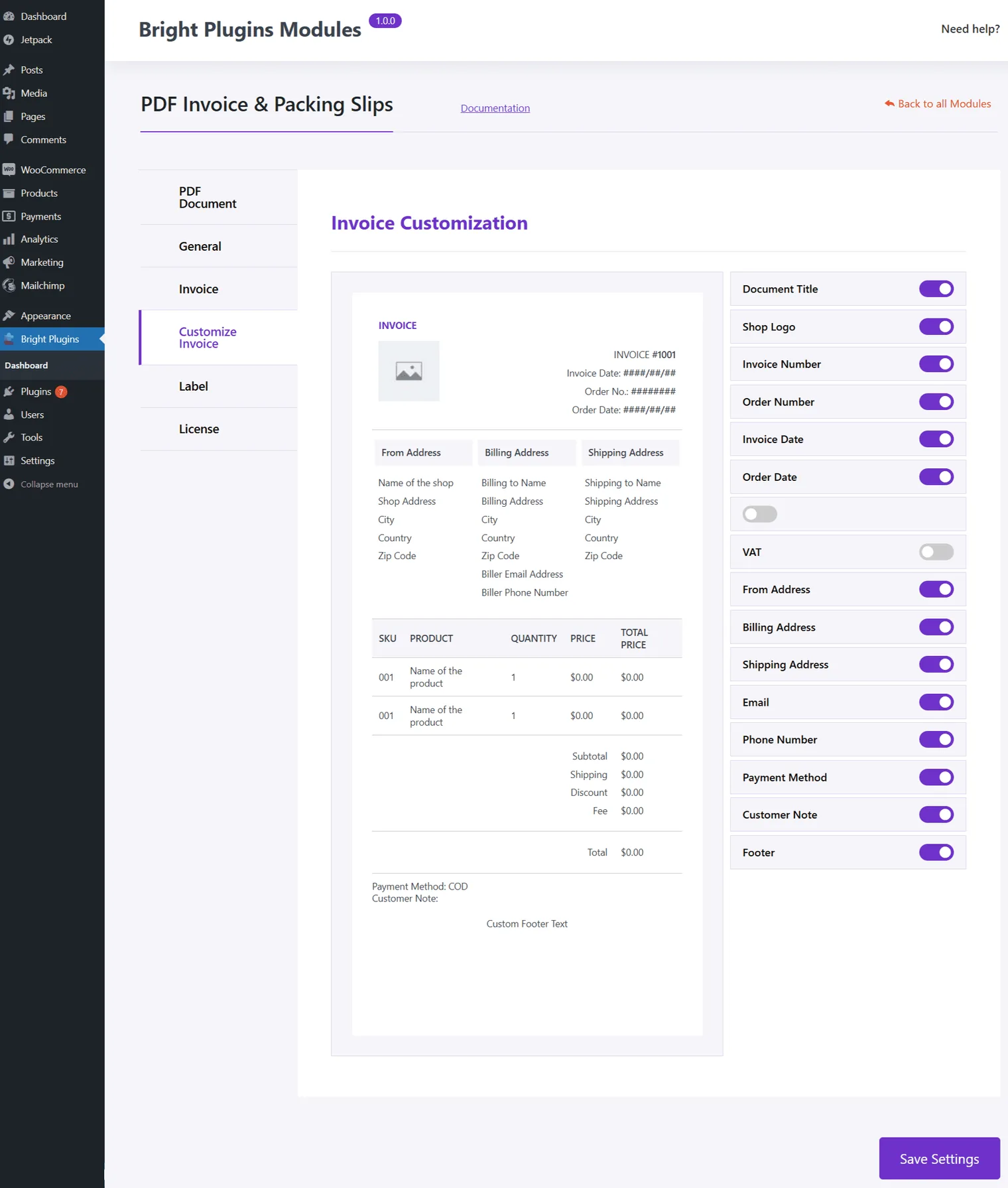 PDF Invoice and Packing Slips: Option Invoice customization pdf invoice