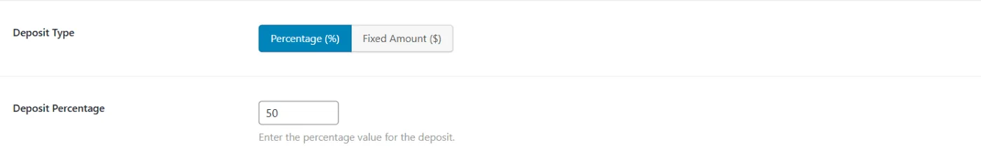 Depósitos para WooCommerce: Deposit type and porcentage