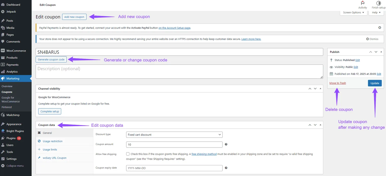 Cupones de URL para WooCommerce: Url editing coupon details 1