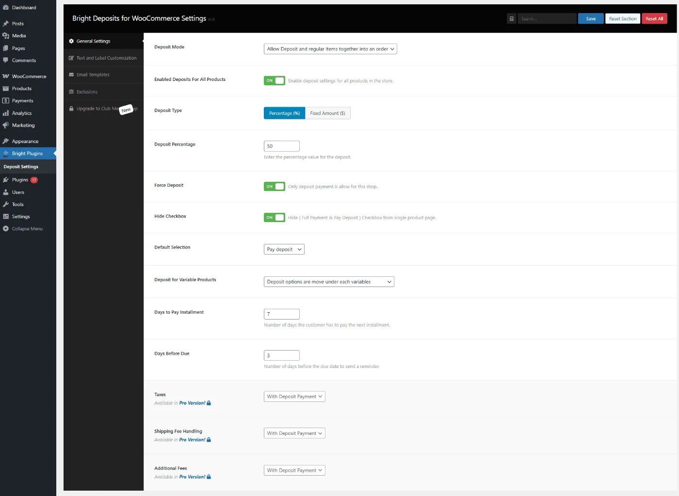 Deposits for WooCommerce: General Settigs Free
