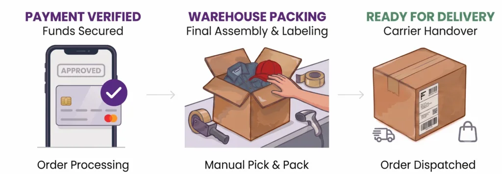 Custom order status fulfillment pipeline: Fulfillment Pipeline Payment Verification and Secure Packing Initiation