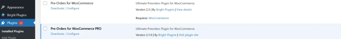 The WordPress Plugins screen with Pre-Orders for WooCommerce activated