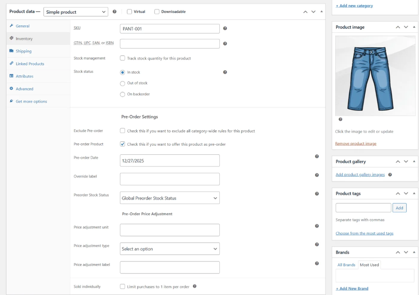 The WooCommerce product editor with the Pre-Order Settings panel open and an availability date entered