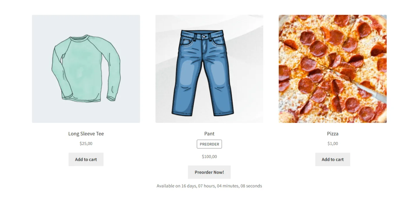 Shop page listing several products with pre-order buttons and availability dates