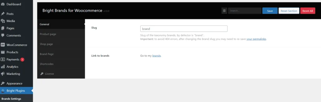 Bright Brands For Woocommerce: Brands Settings General 1