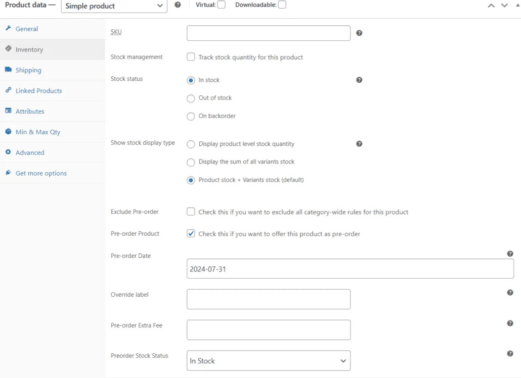 Pedidos anticipados para WooCommerce: Configure product data 1