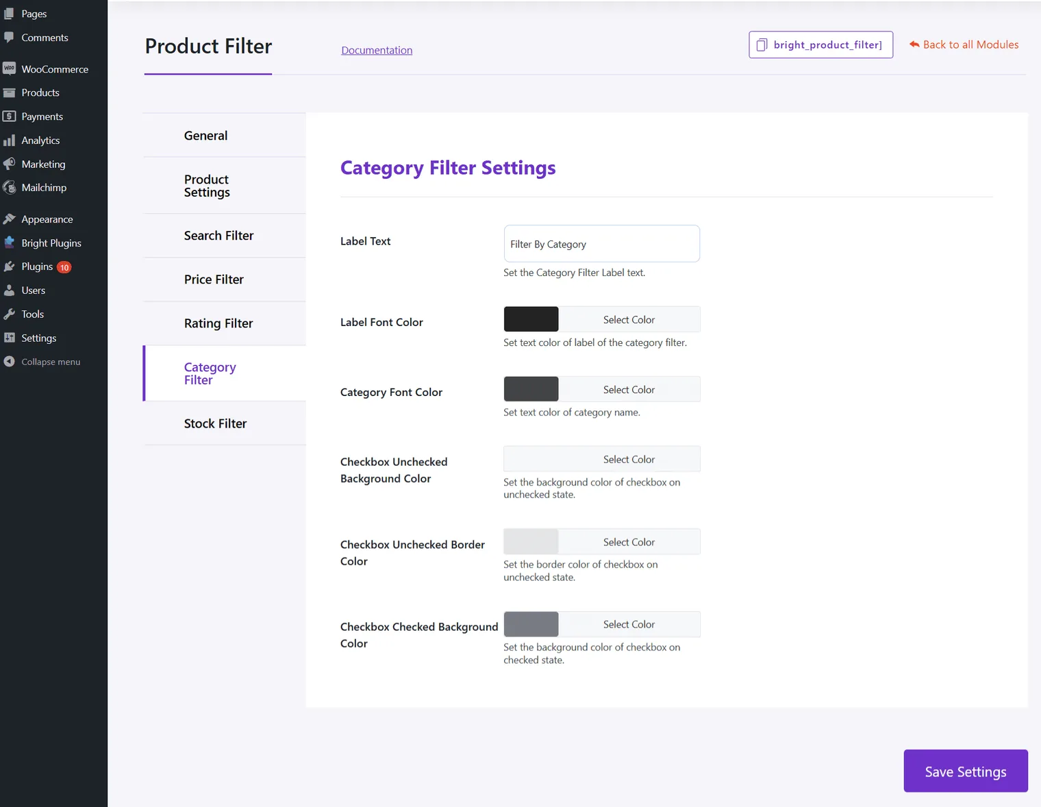 Filtro de productos: Category filter settings