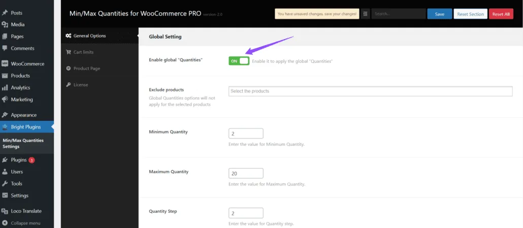 Min/Max Quantities for WooCommerce: Enable global Min Max