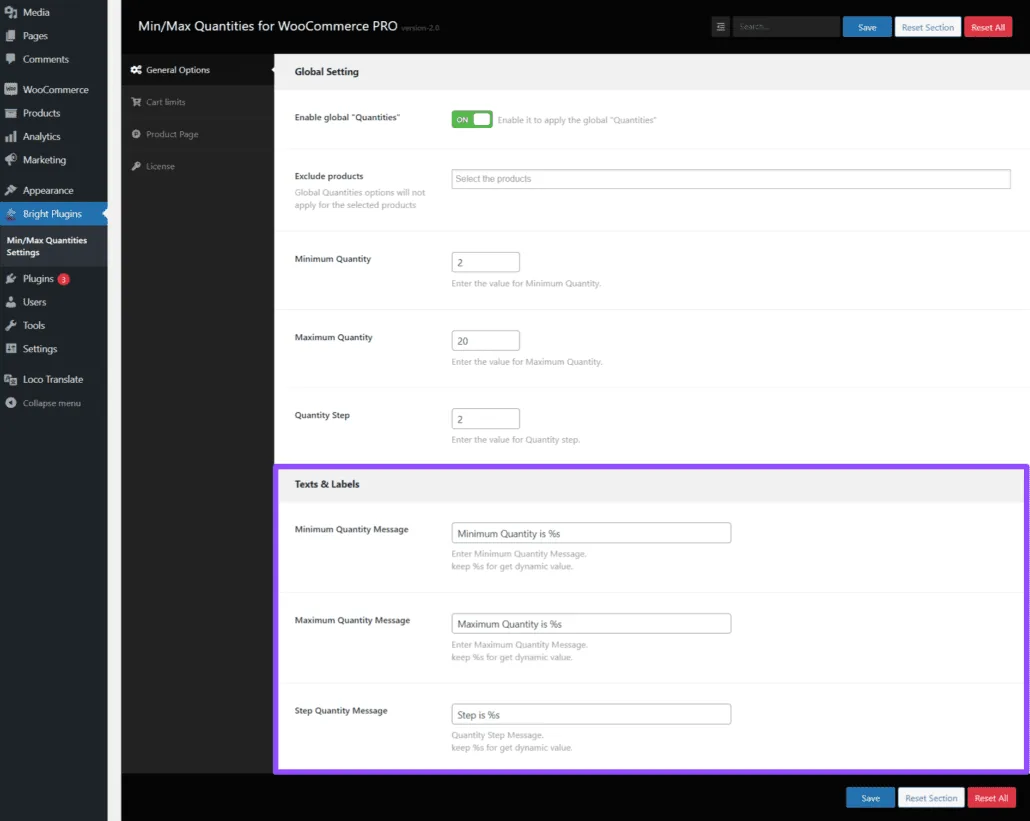 Min/Max Quantities for WooCommerce: Texts Labels