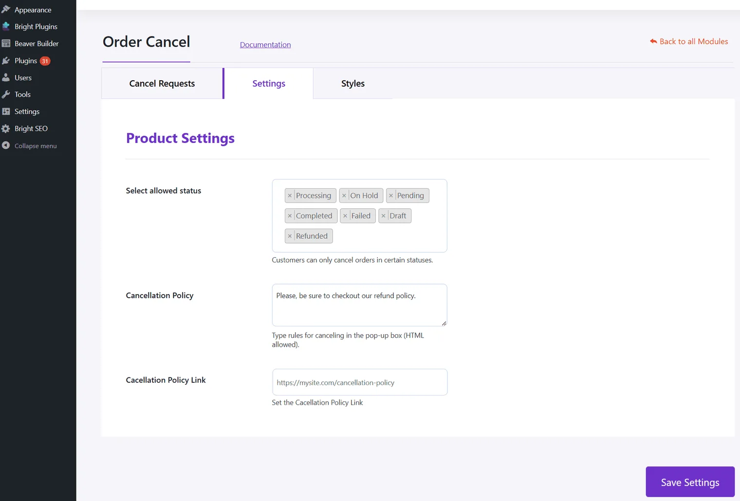 Order Cancel: Orden cancel settings