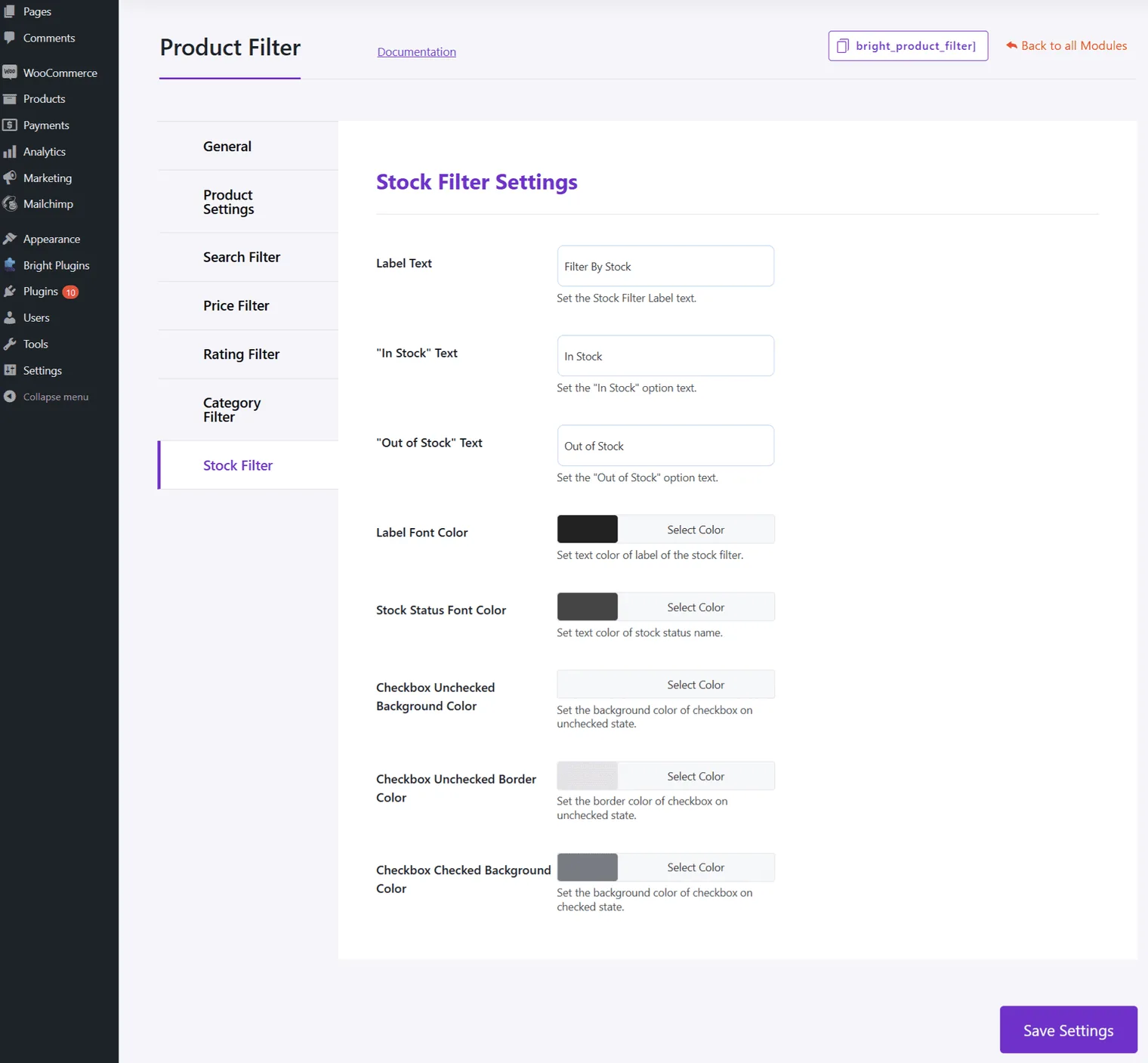 Filtro de productos: Stock filter settings