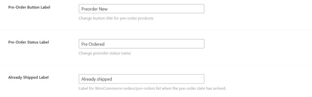 The Texts and Labels settings screen showing the pre-order button and status label fields
