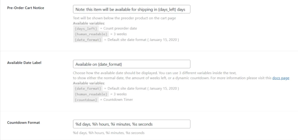 Cart notice and availability date settings in the Pre-Orders settings screen