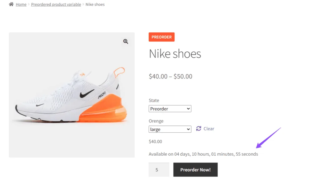 WooCommerceの予約注文: Nike shoes Countdown2