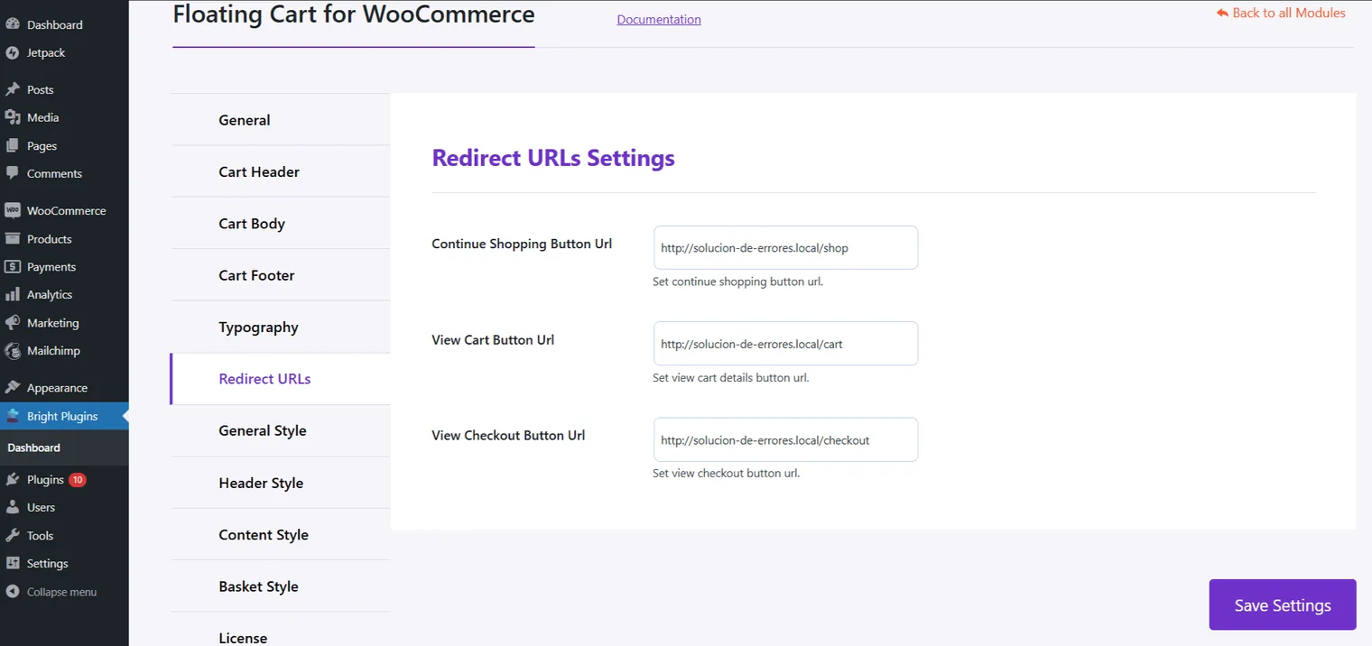 Floating Cart for WooCommerce: Redirect Urls floating