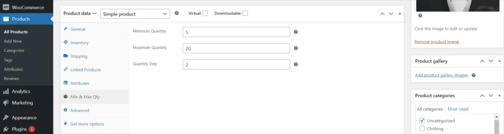 Quantità Min/Max per WooCommerce: Edit product Surfboard Pruebas base car1