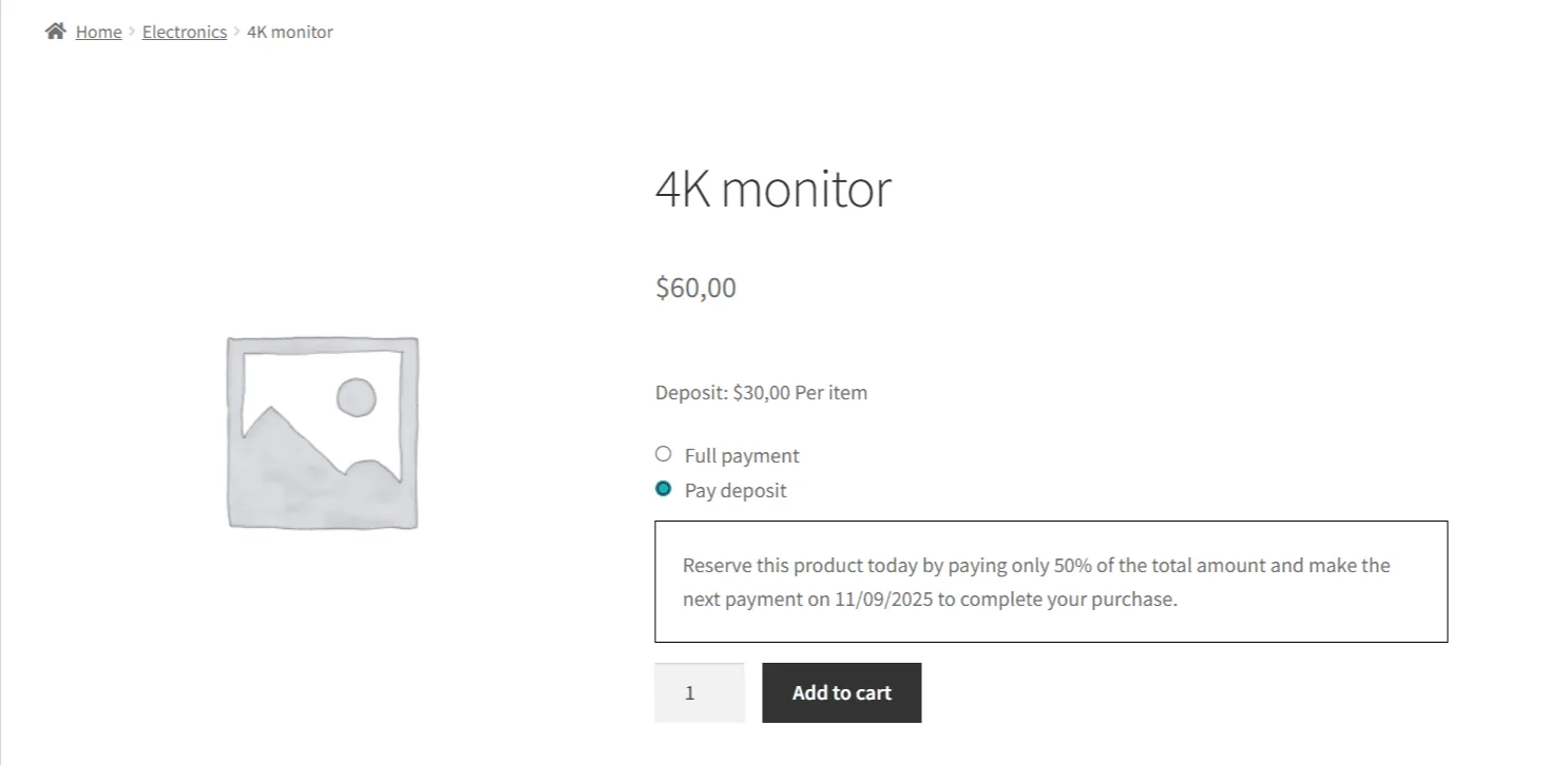 Deposits for WooCommerce: Deposit option product page 1