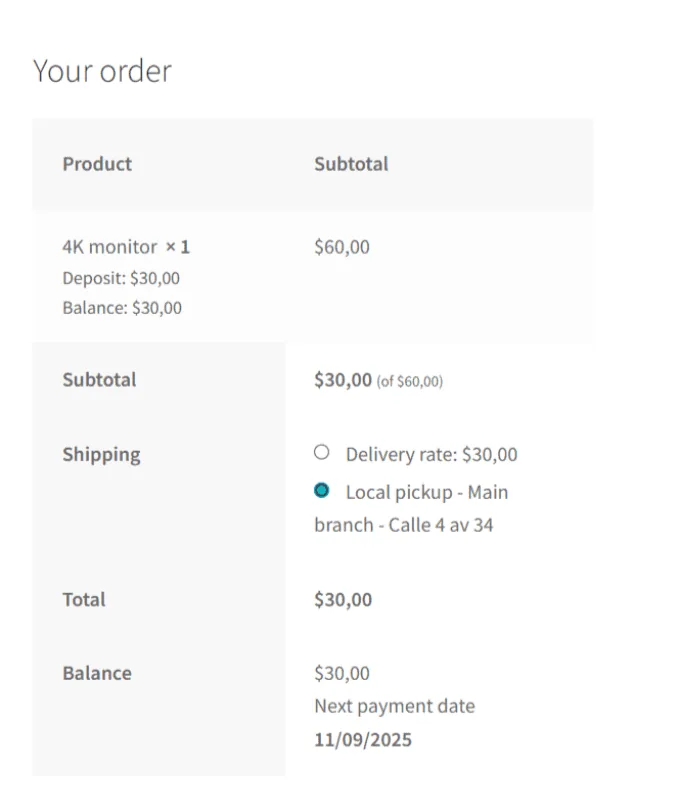 Deposits for WooCommerce: Checkout details deposits