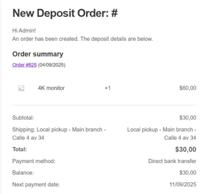 Deposits for WooCommerce: Email notification admin deposits