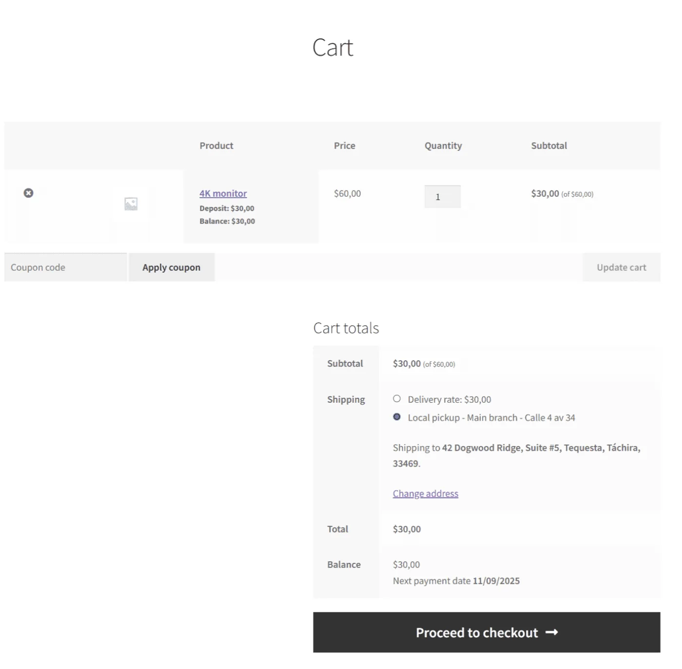 Deposits for WooCommerce: Cart deposits