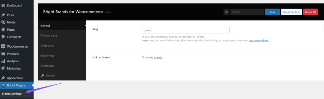 Heldere merken voor Woocommerce: Brands Settings for shortcodes