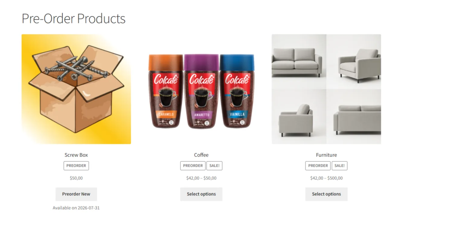 Pre-Orders for WooCommerce: Pre Order Products Page.