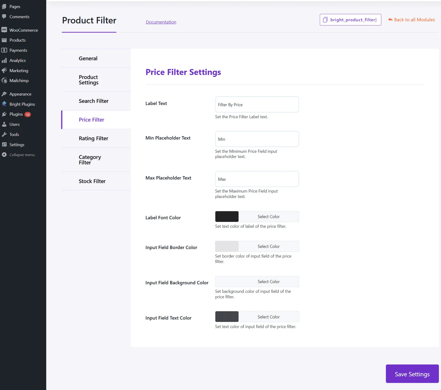 Filtro de productos: Price filter settings