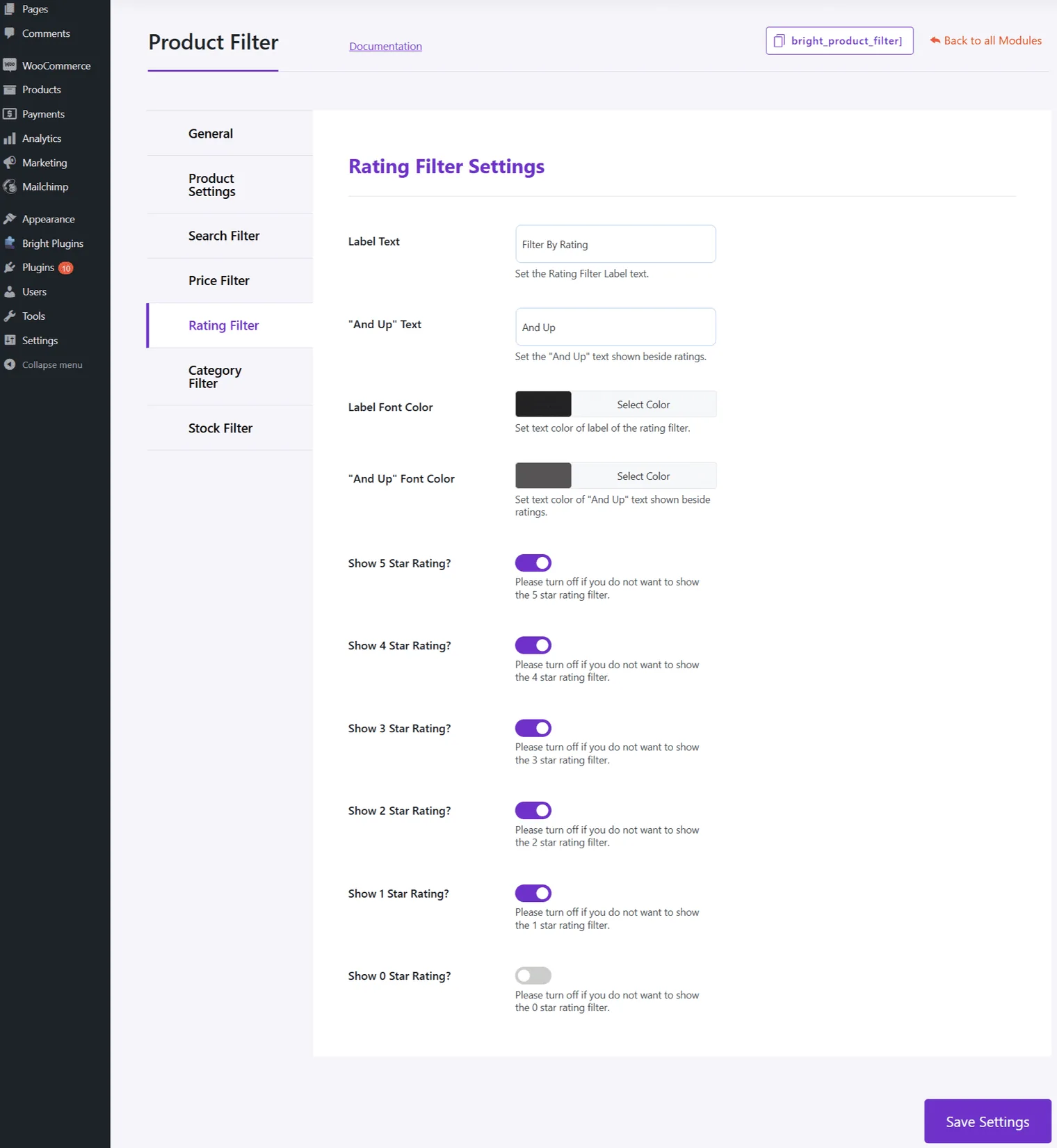 Filtro de productos: Rating filter settings