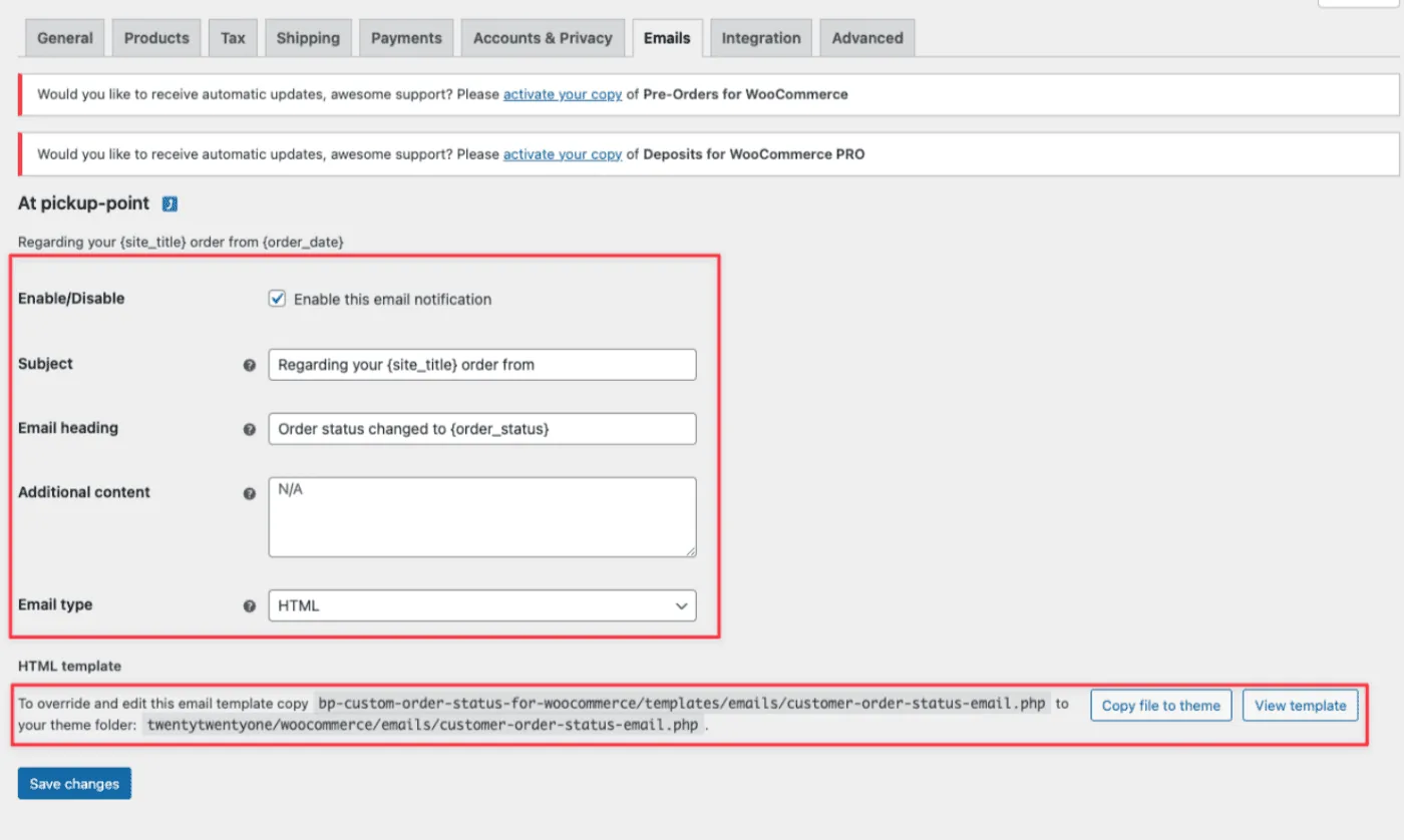 Administrador de estado de pedidos personalizados: Emails edit template