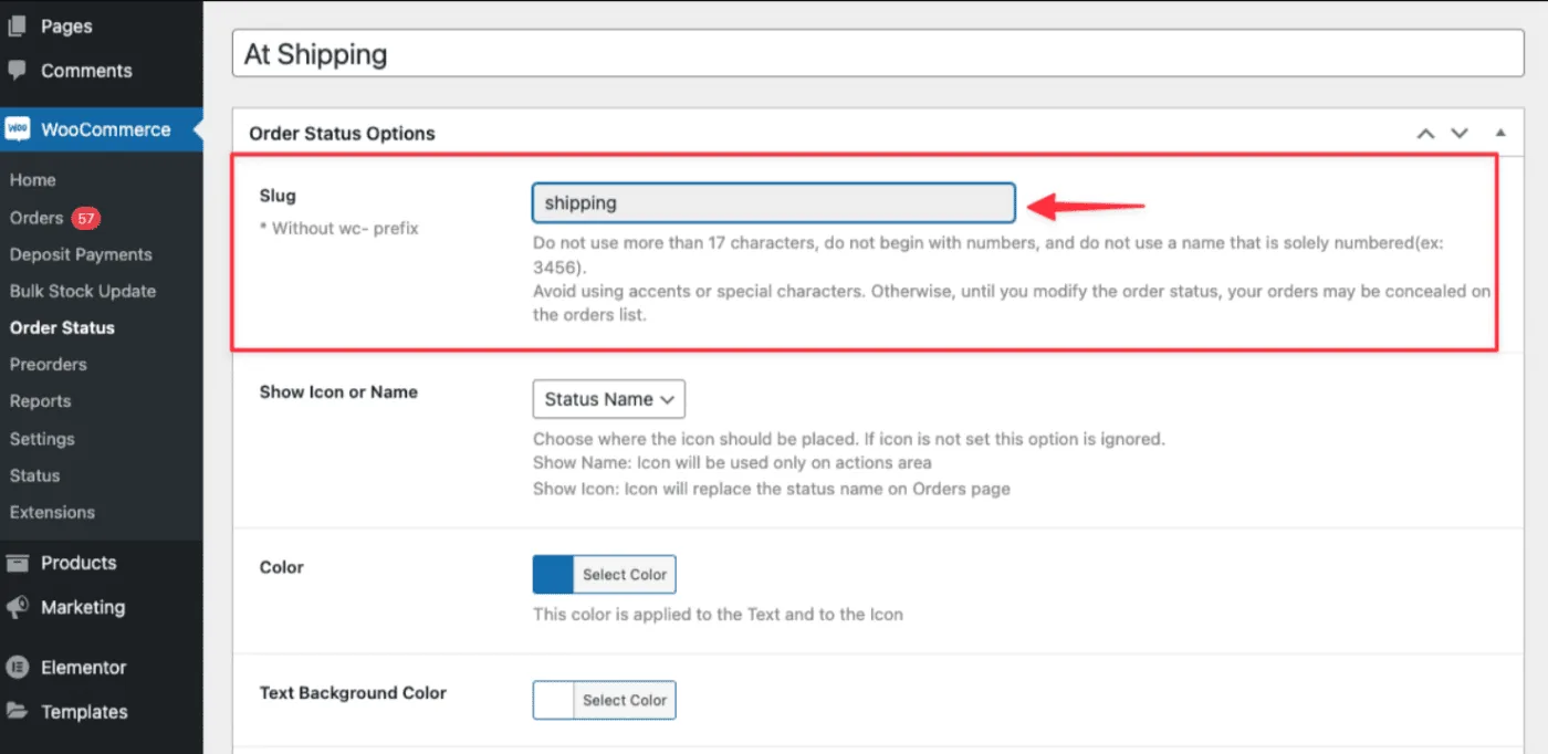 Administrador de estado de pedidos personalizados: Order status slug