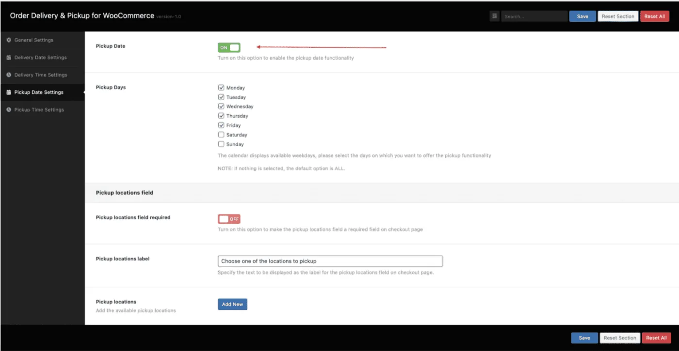 Livraison et retrait de la commande: Pickup date settings