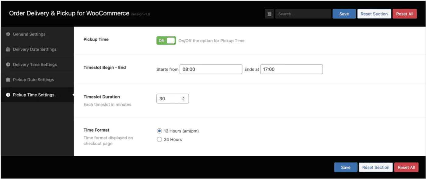 Livraison et retrait de la commande: Pickup time settings