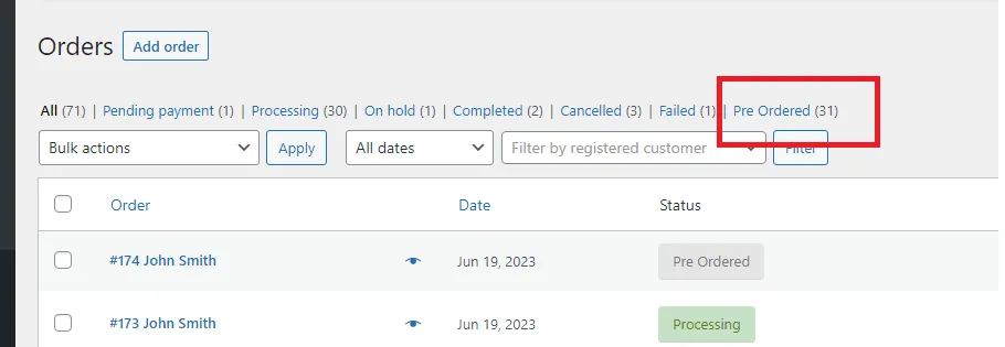 Pre-Orders for WooCommerce: preorder filter orders