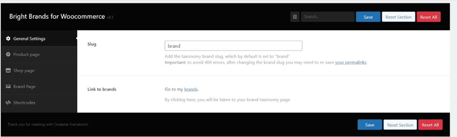 Bright Brands For Woocommerce: General settings free version brands