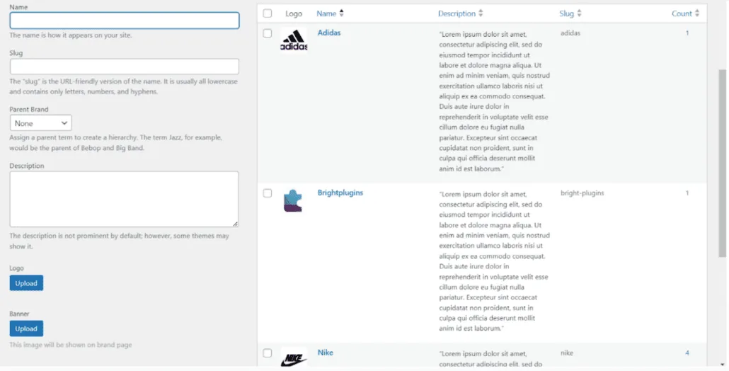 Bright Brands For Woocommerce: section of add the brands