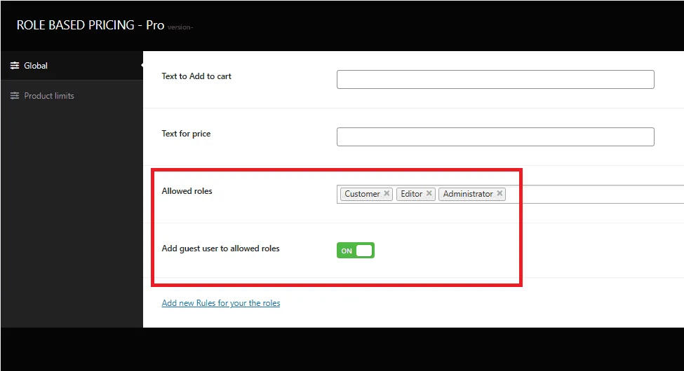 Role Based Pricing for WooCommerce - Pro: tab general